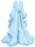 Molisa Womens Sexy Feather Bridal Robe Long Wedding Scarf Illusion Bathrobe Sleepwear Lingerie Robe Nightgown Light Blue S/M