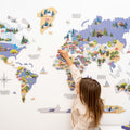 Indigo nursery world map with cute animal illustrations for kids room