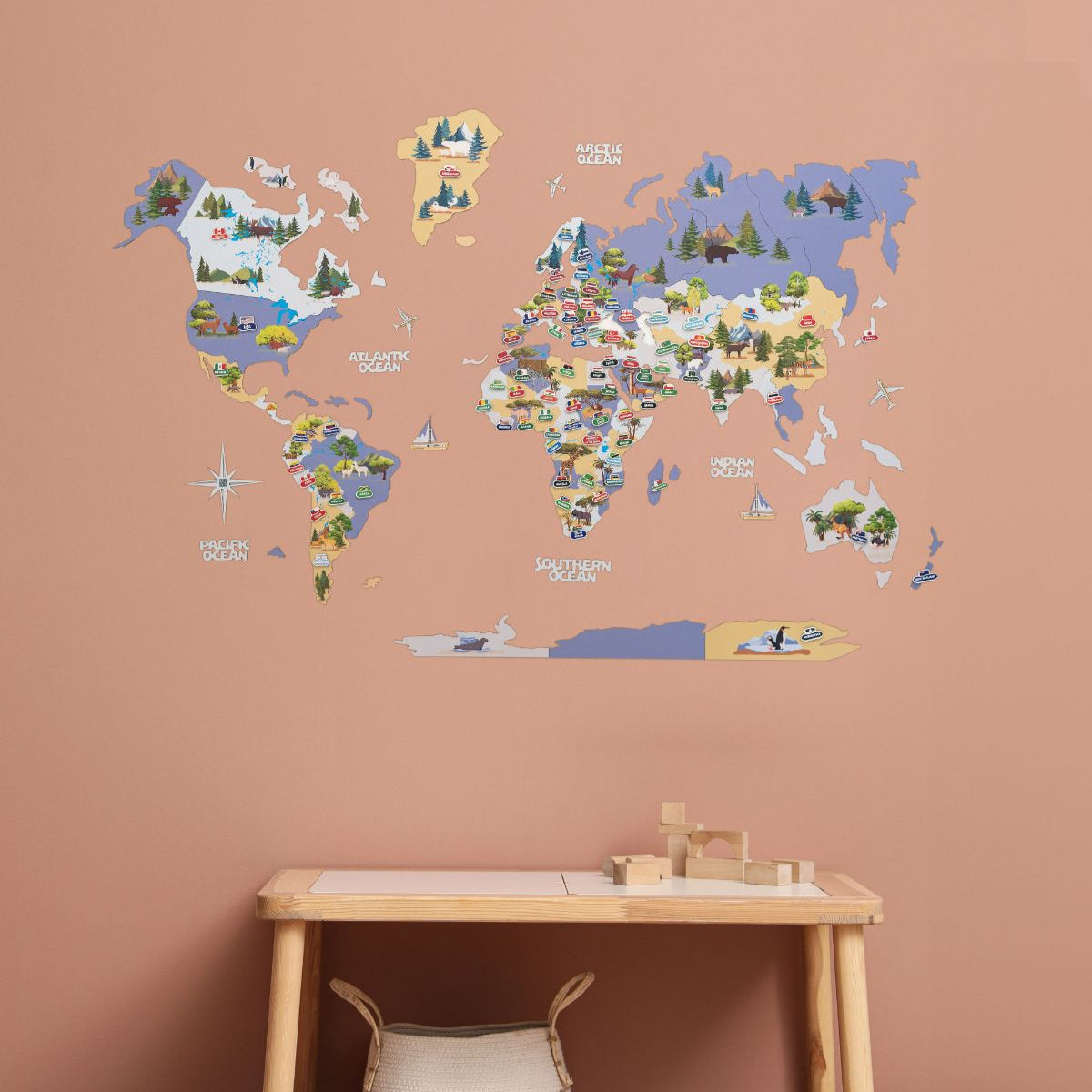 Nursery World Map Wall Art - Educational Indigo Animal Decor