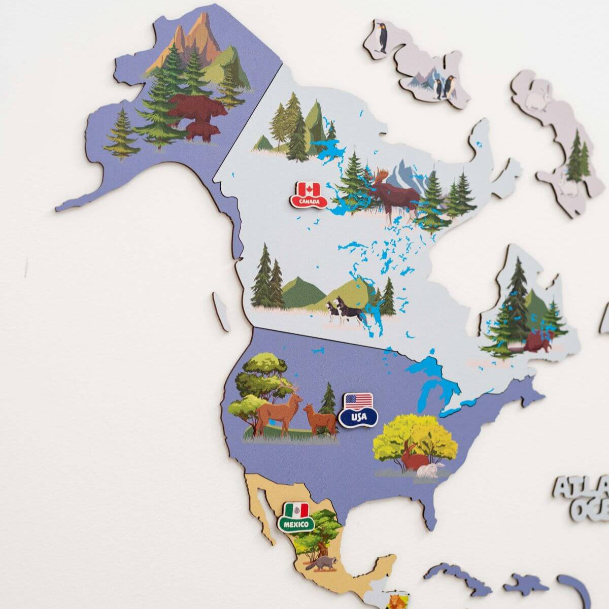 Nursery World Map Wall Art - Educational Indigo Animal Decor