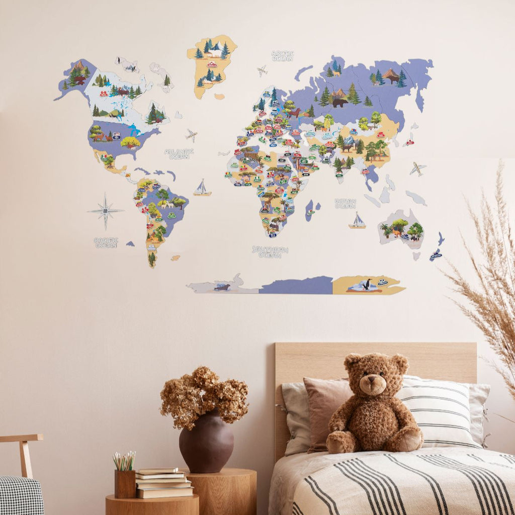 Nursery World Map Wall Art - Educational Indigo Animal Decor