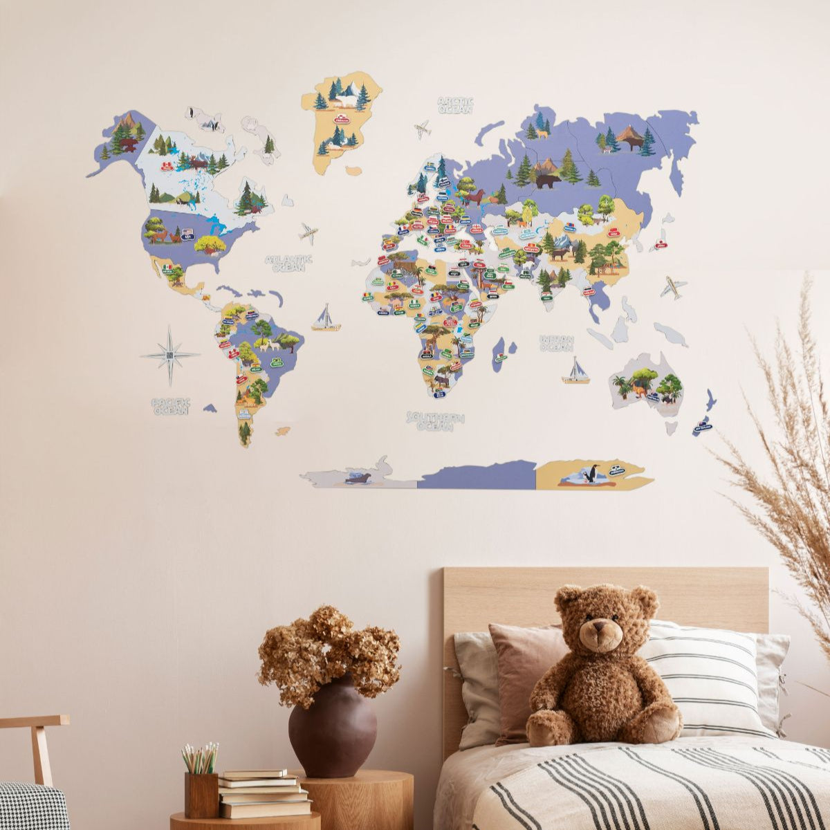 Nursery World Map Wall Art - Educational Indigo Animal Decor