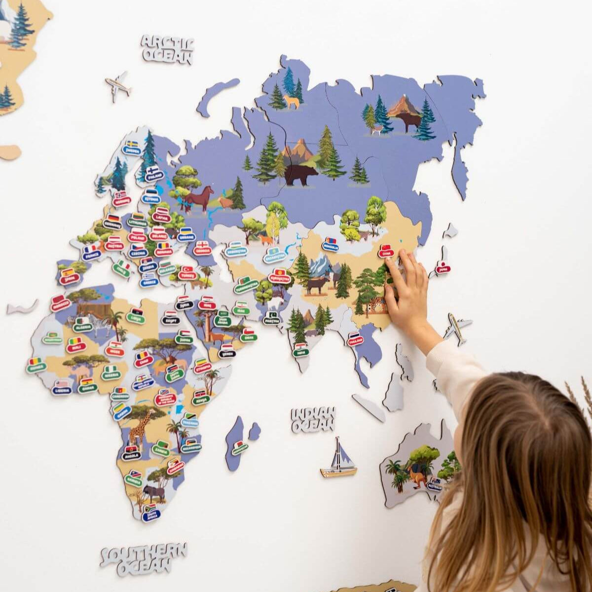 Nursery World Map Wall Art - Educational Indigo Animal Decor