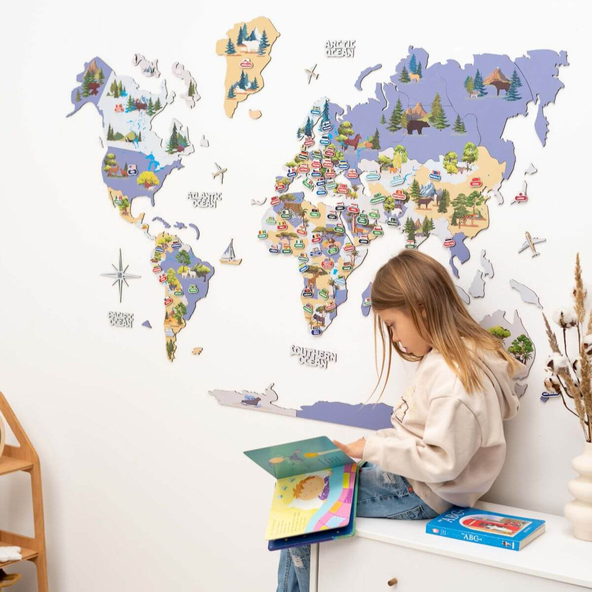 Nursery World Map Wall Art - Educational Indigo Animal Decor