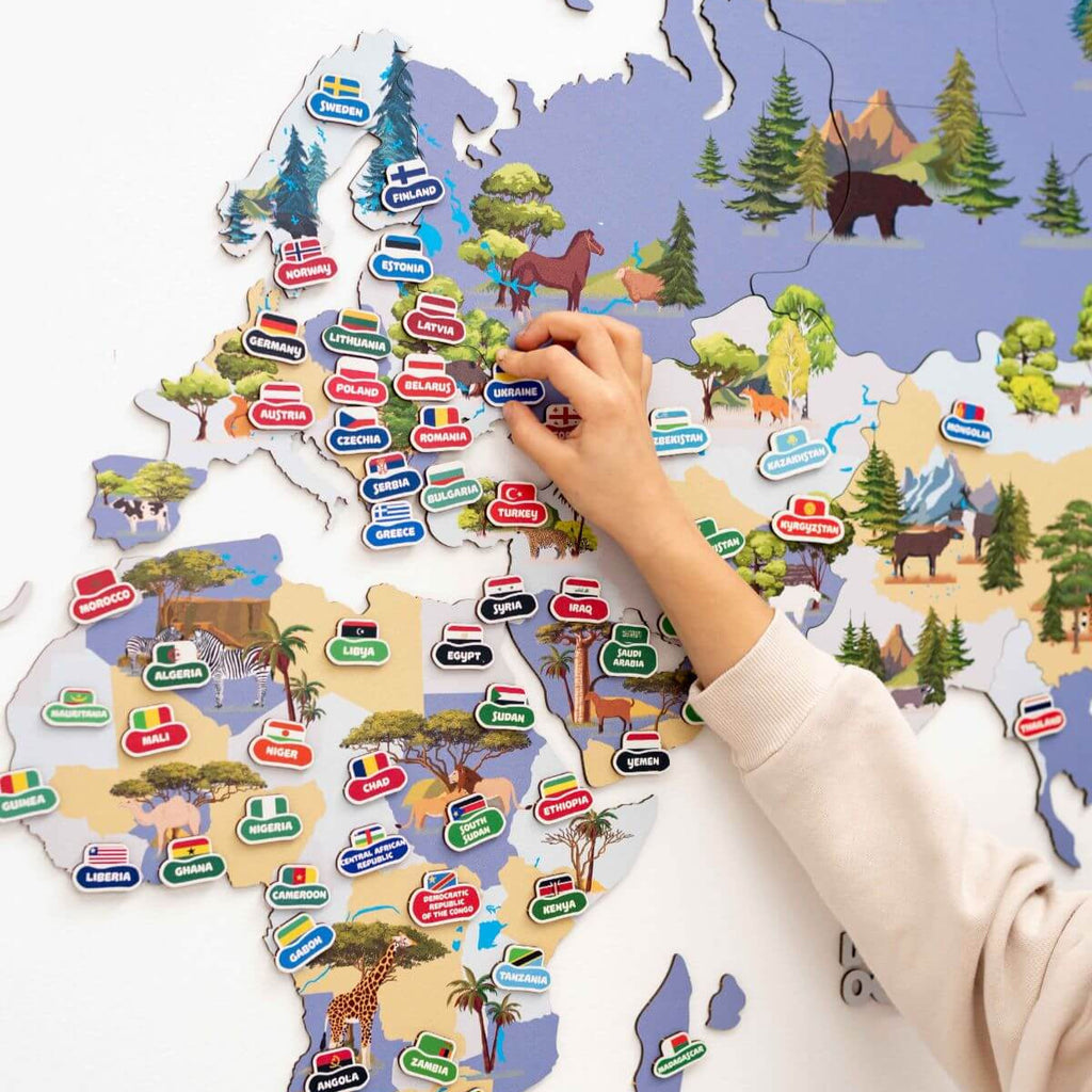 Nursery World Map Wall Art - Educational Indigo Animal Decor