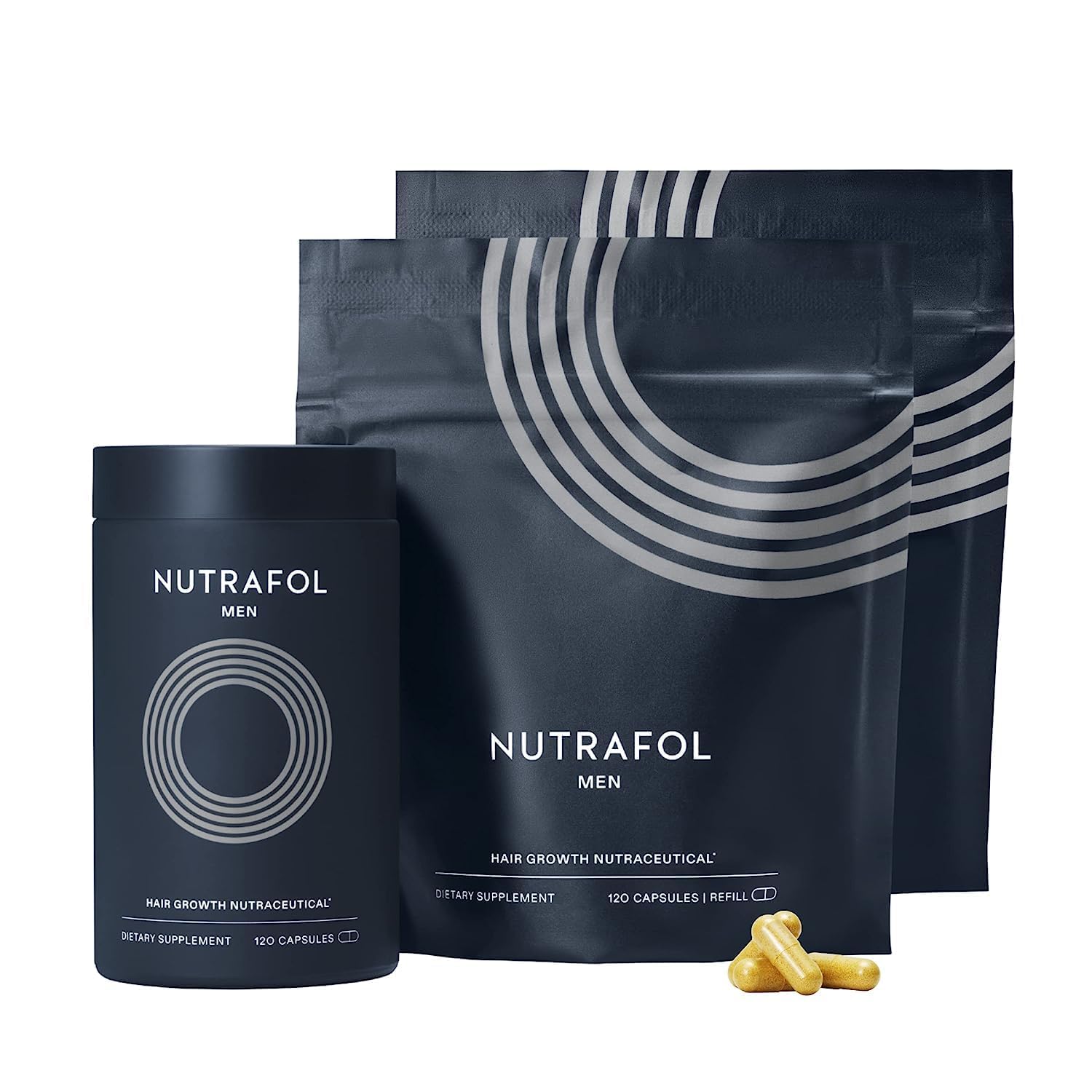 Black and gold bottle of Nutrafol men's hair growth supplement 120 capsules