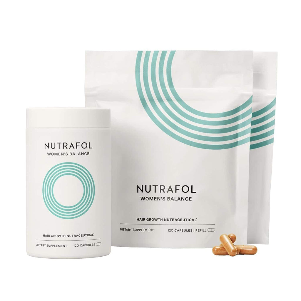 Nutrafol Women's Balance 3-Month Supply hair growth capsules in white and teal clinical packaging