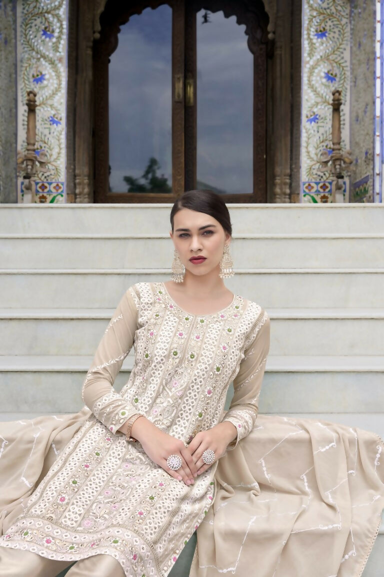 Beige Faux Georgette Kurta Set with Heavy Embroidery and Moti Work