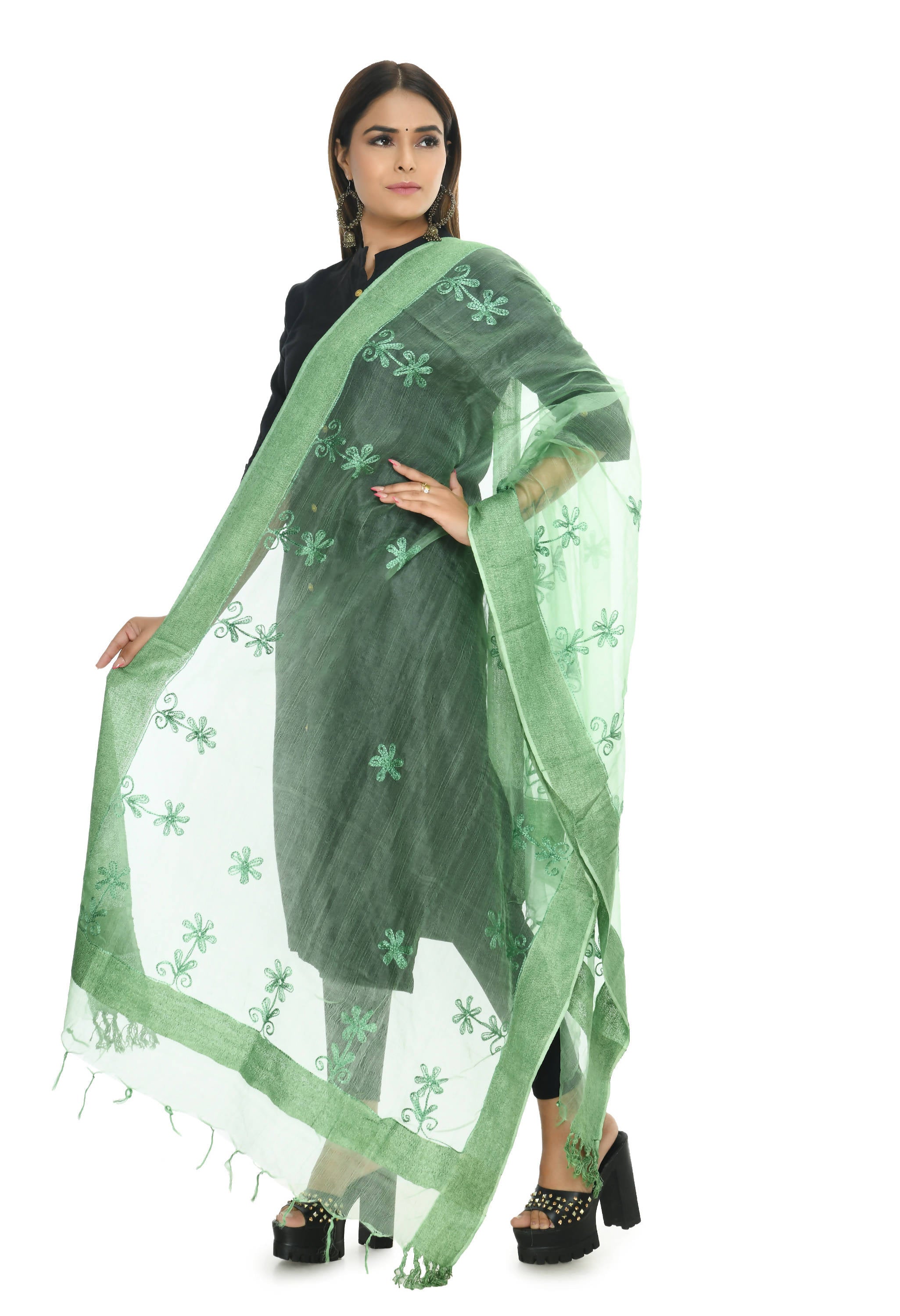 Pista Green Chikan Work Organza Dupatta - Ethnic Festive Wear