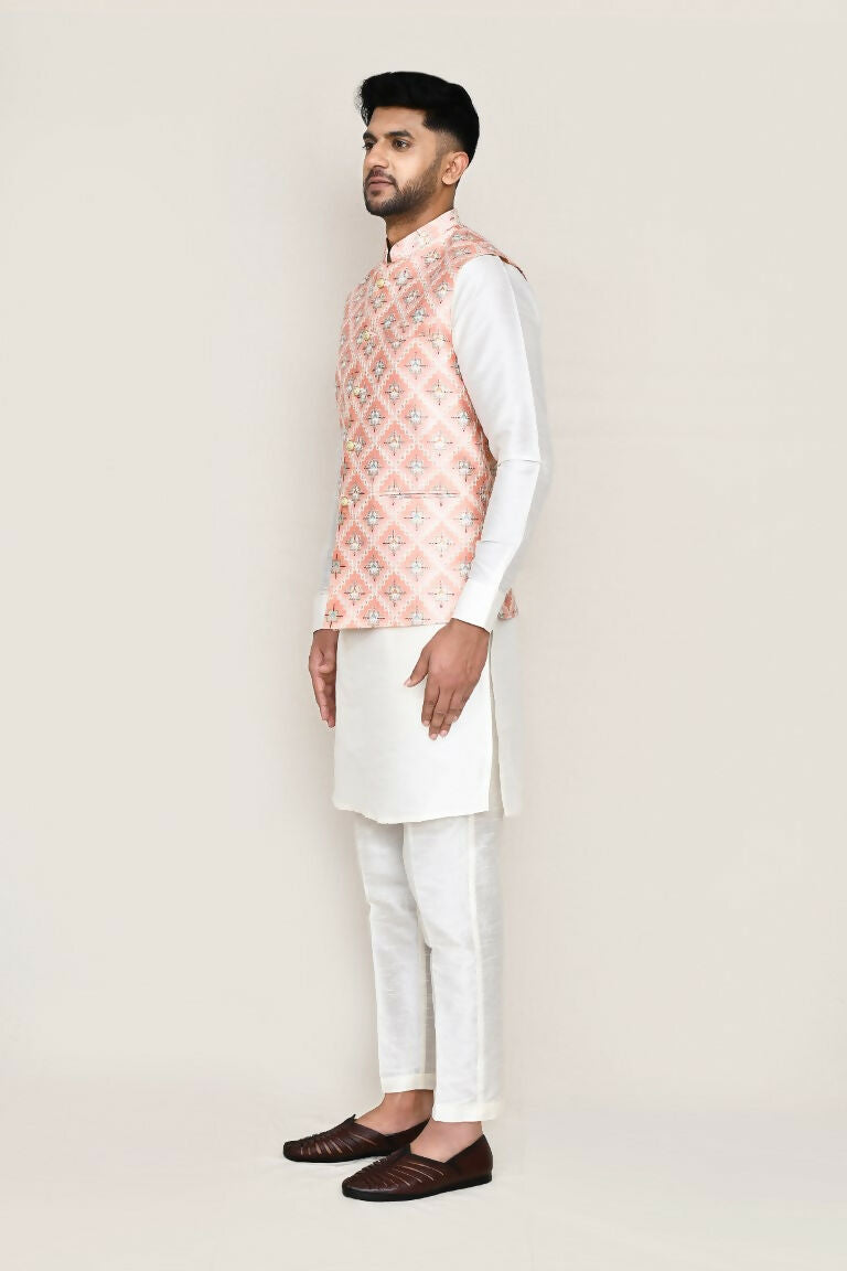 White Art Silk Kurta Set with Matching Jacket and Straight Pants
