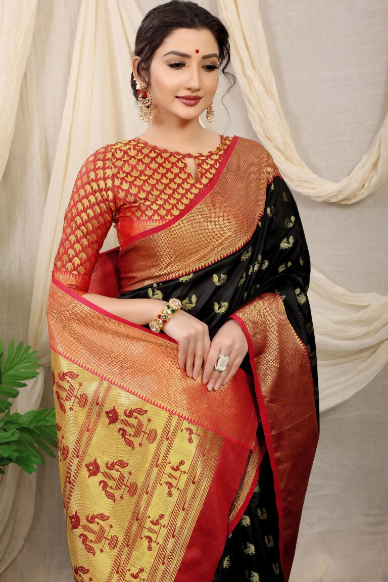 Black Banarasi Silk Saree with Traditional Zari Woven Border