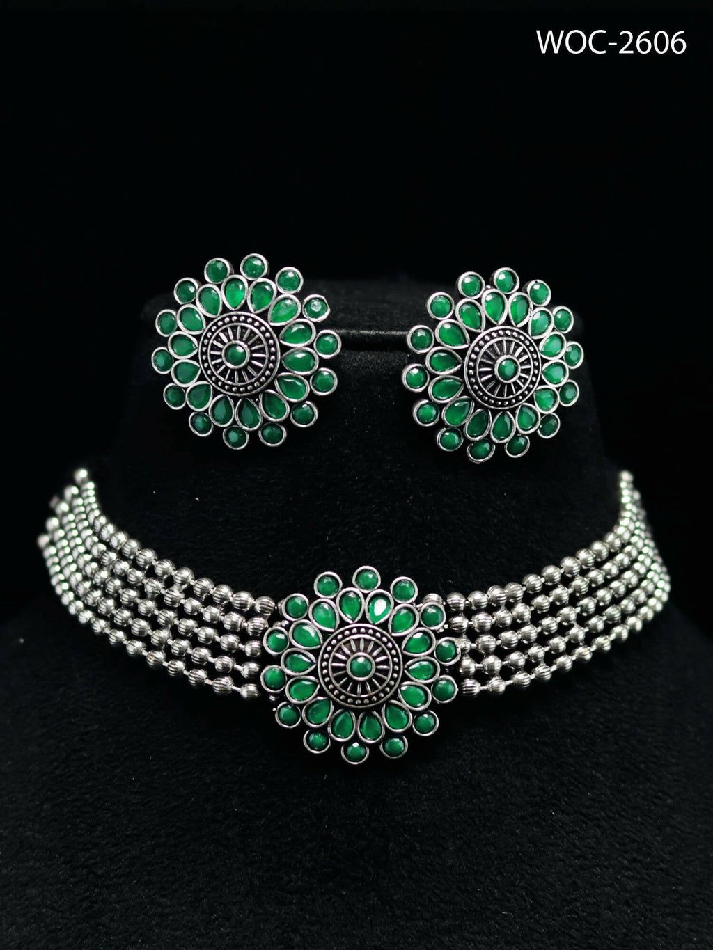 Green Kundan Choker Necklace in Oxidised Silver-Plated Finish