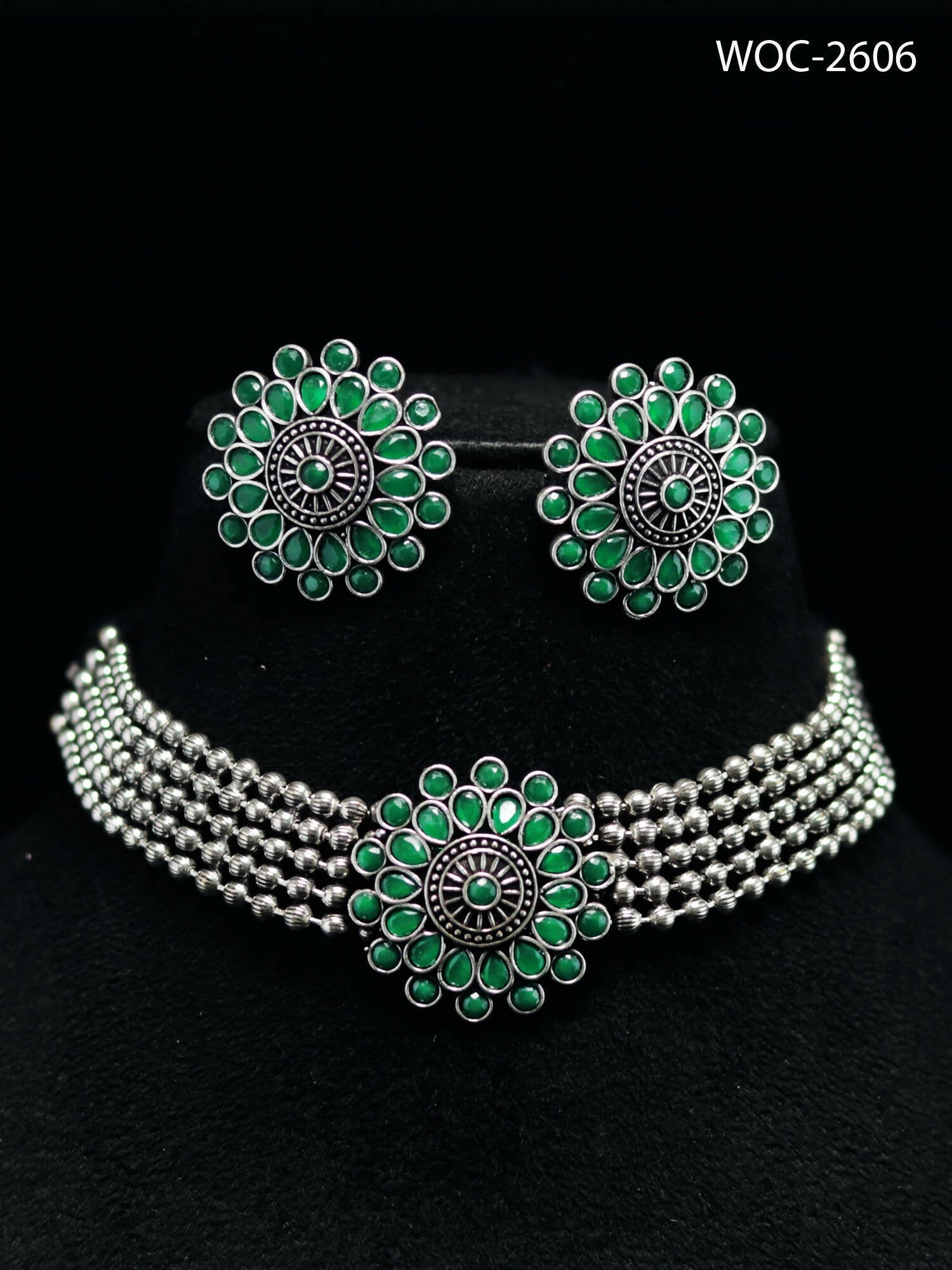 Green Kundan Choker Necklace in Oxidised Silver-Plated Finish