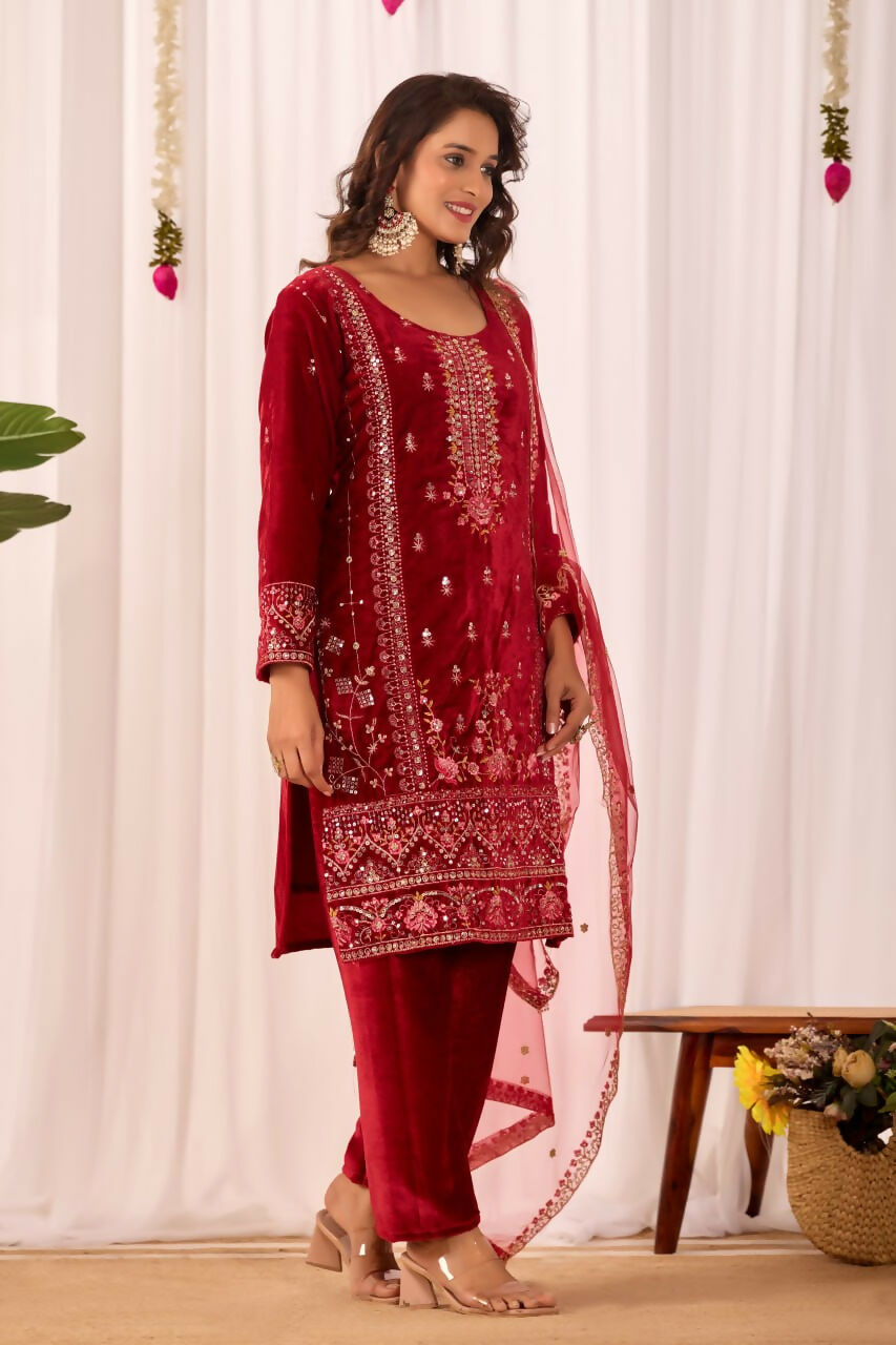 Red Velvet Embroidered Sequence Work Readymade Kurta Set