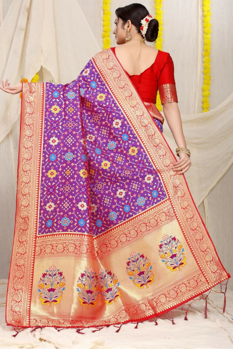 Purple Patola Silk Zari Woven Saree with Red Blouse