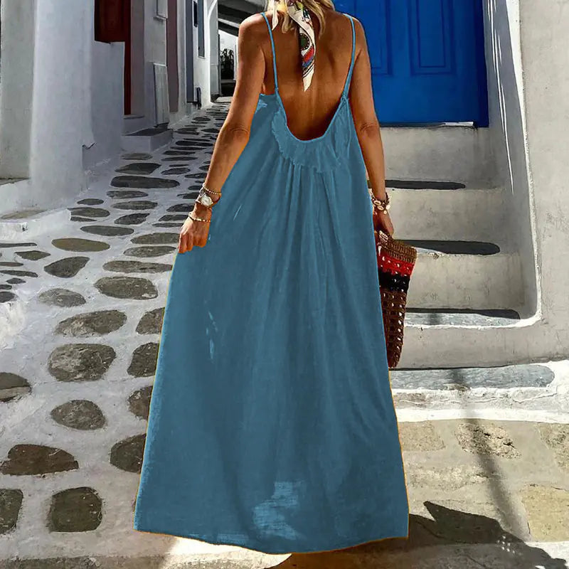 Women's Casual Cotton and Linen Blend Maxi Halter Dress - Image 15