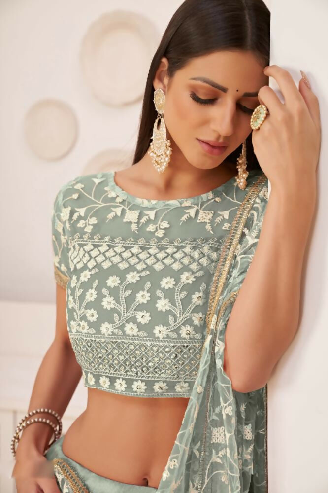 Turquoise Green Butterfly Net Lehenga with Zari and Sequence Embroidery