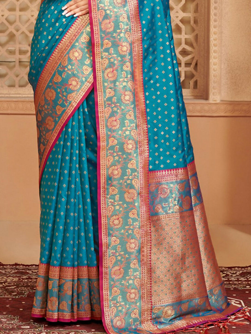Silk Blend Blue Saree with Contrast Purple Blouse