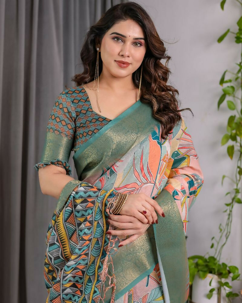Olive Pure Handloom Linen Saree with Matching Blouse