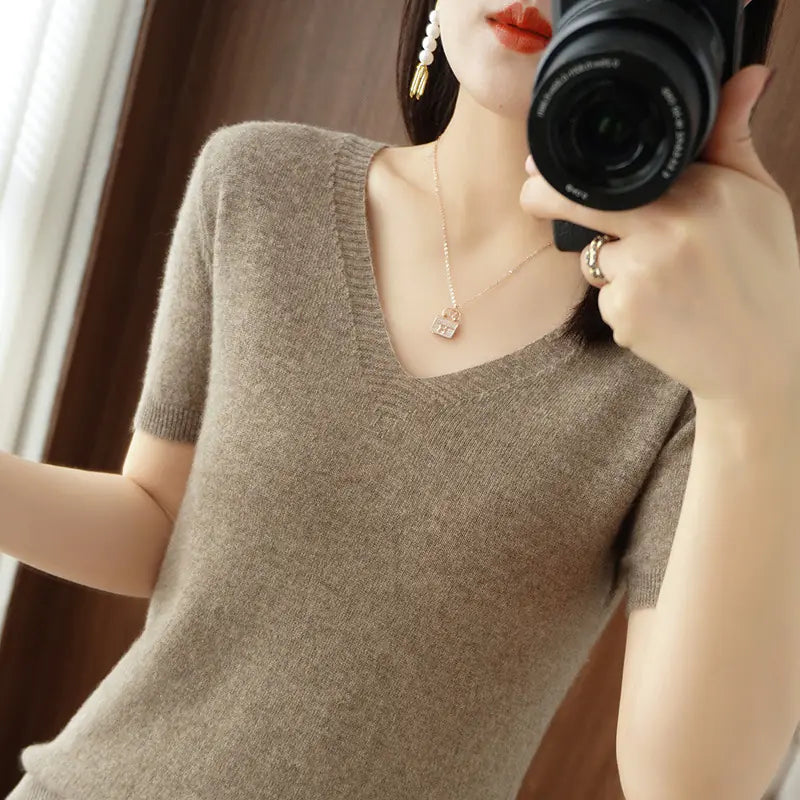 Women's Short Sleeve V-Neck Knit Sweater in Beige - Image 8