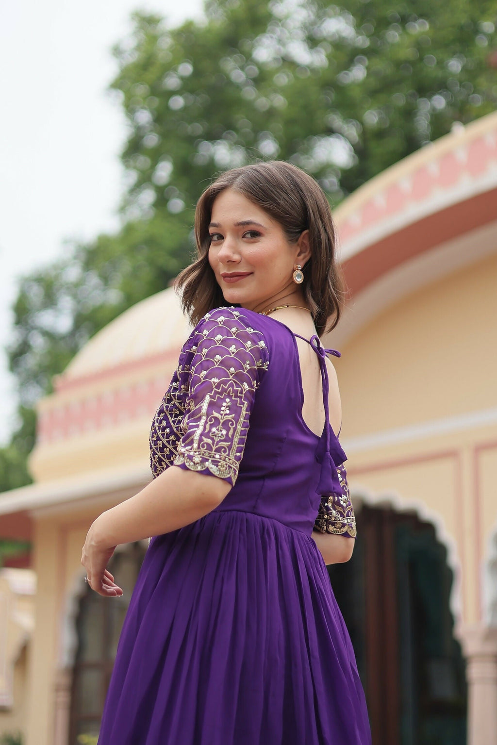 Purple Georgette Gown with Detailed Sequence Embroidery