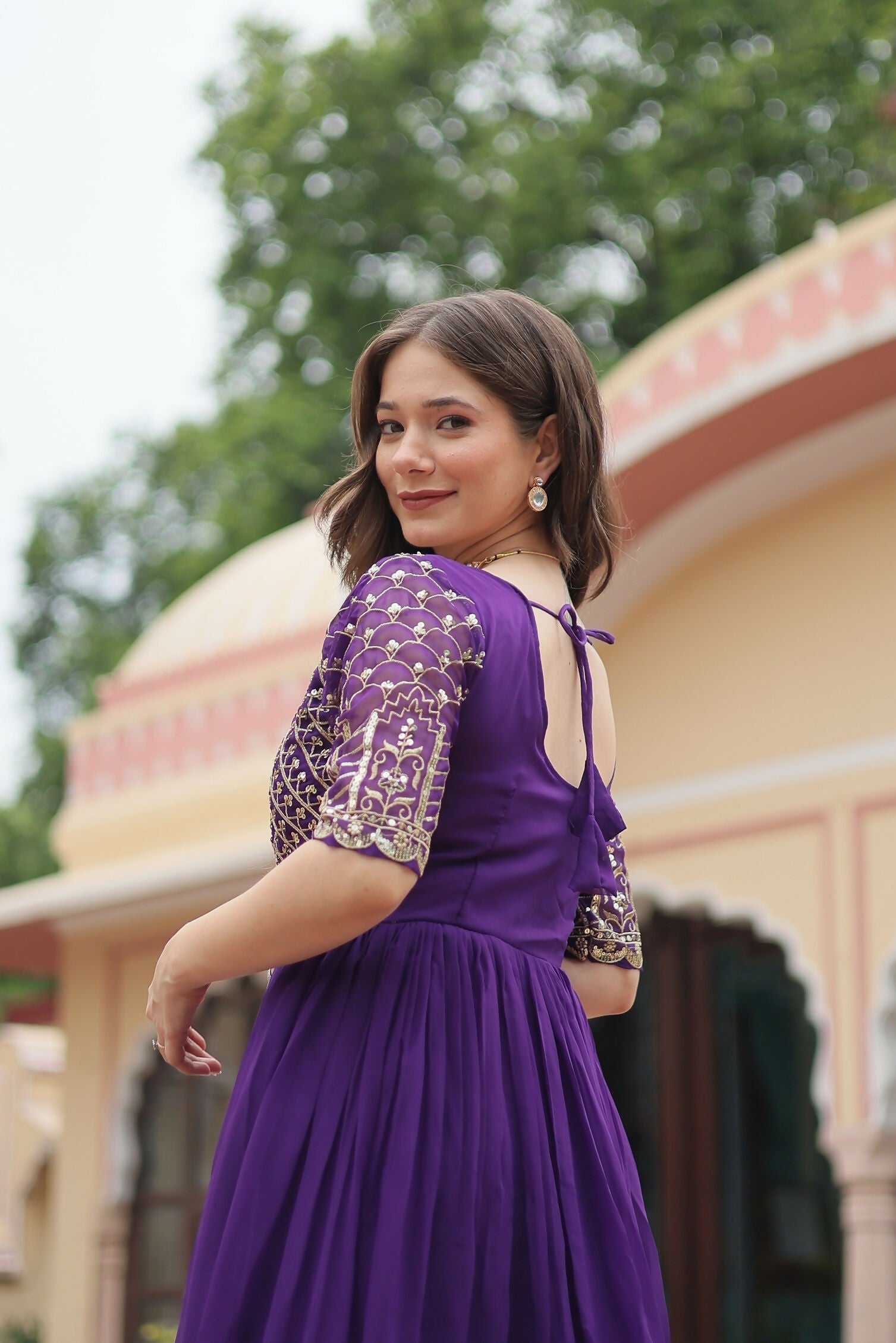 Purple Georgette Gown with Detailed Sequence Embroidery