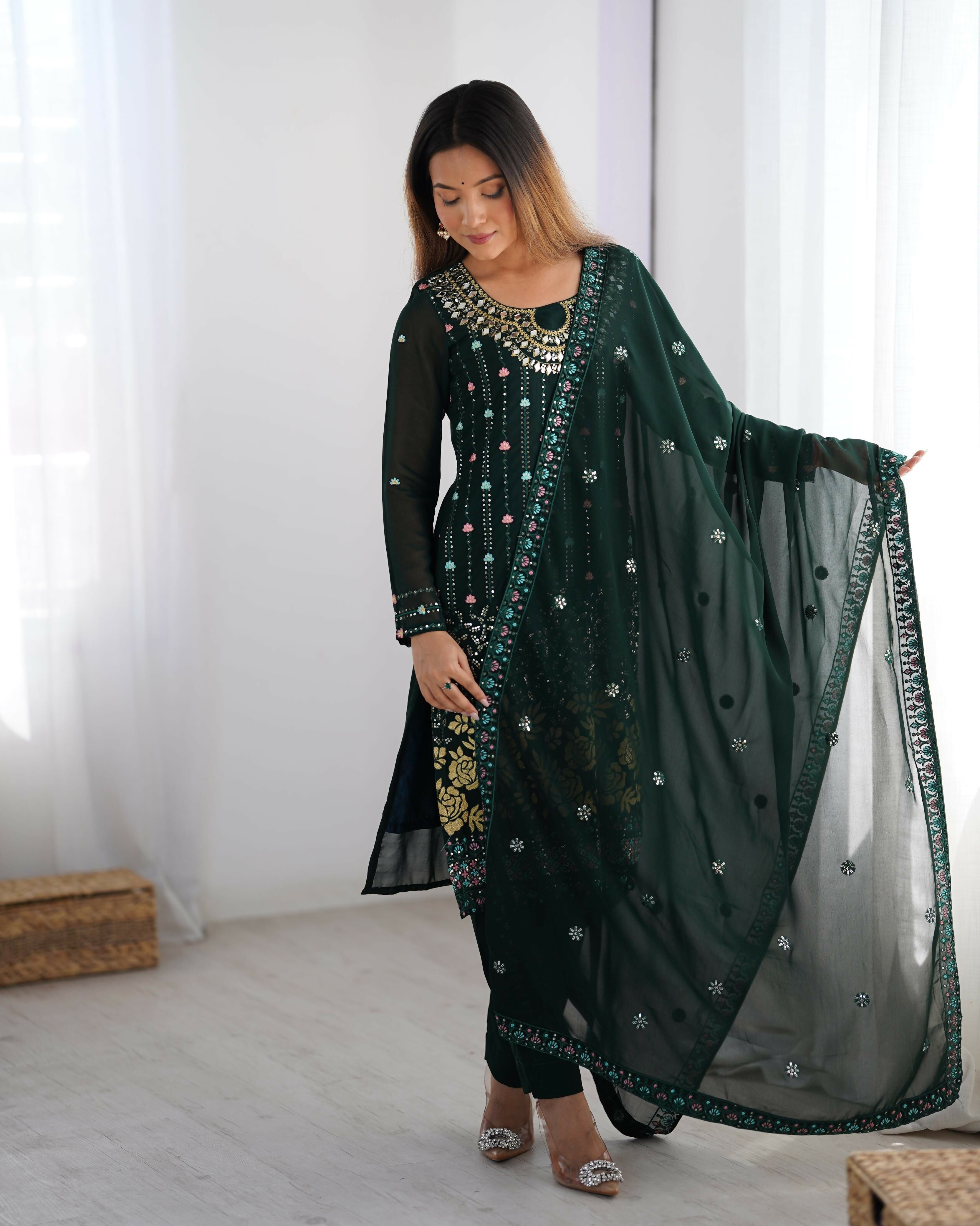 Joban Fashion Dark Green Kurta set with Pant Georgette Thread with Sequins work