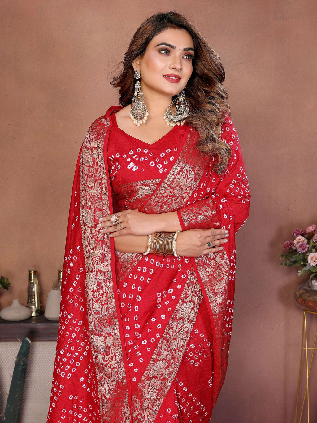 Red Pure Dola Silk Saree with Authentic Handmade Bandhej Work