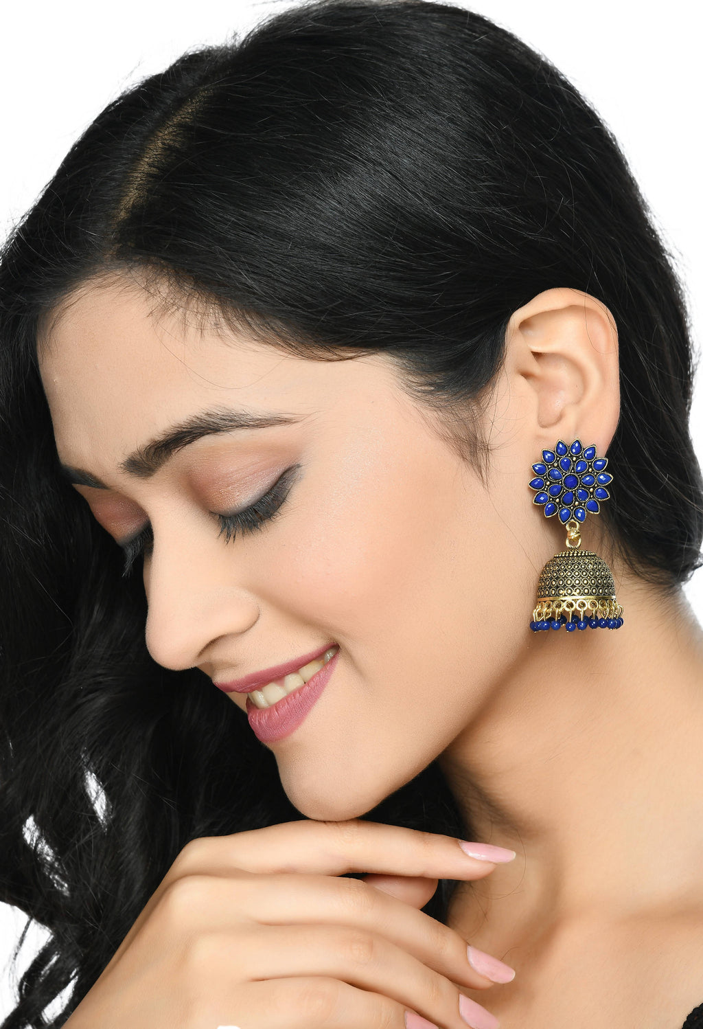 Elegant Kundan Jhumka Earrings with Sophisticated Blue Beads