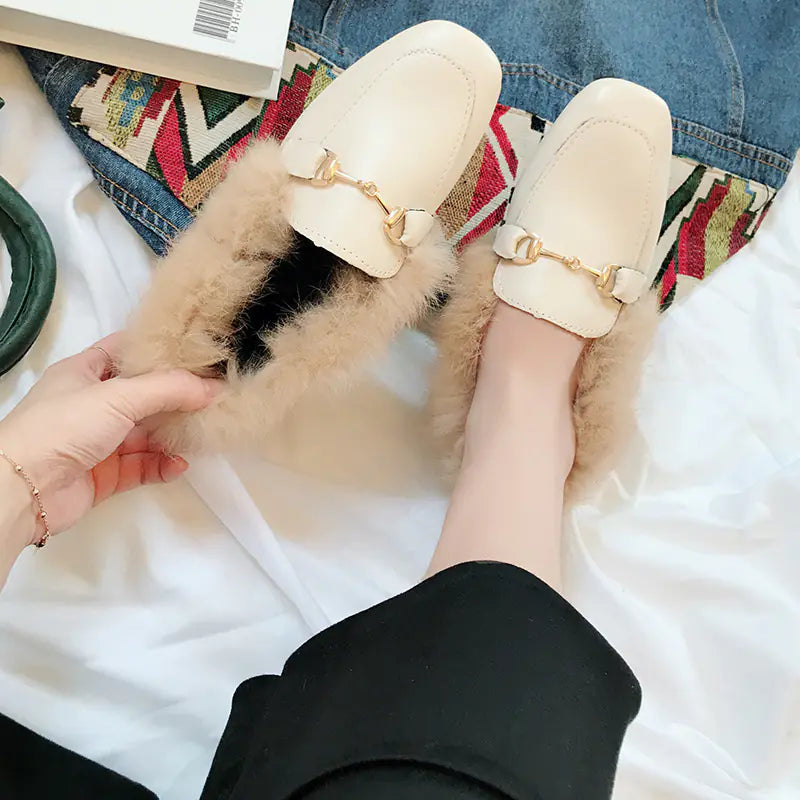 Fleece-Lined Flat Loafers with Rabbit Fur for Women