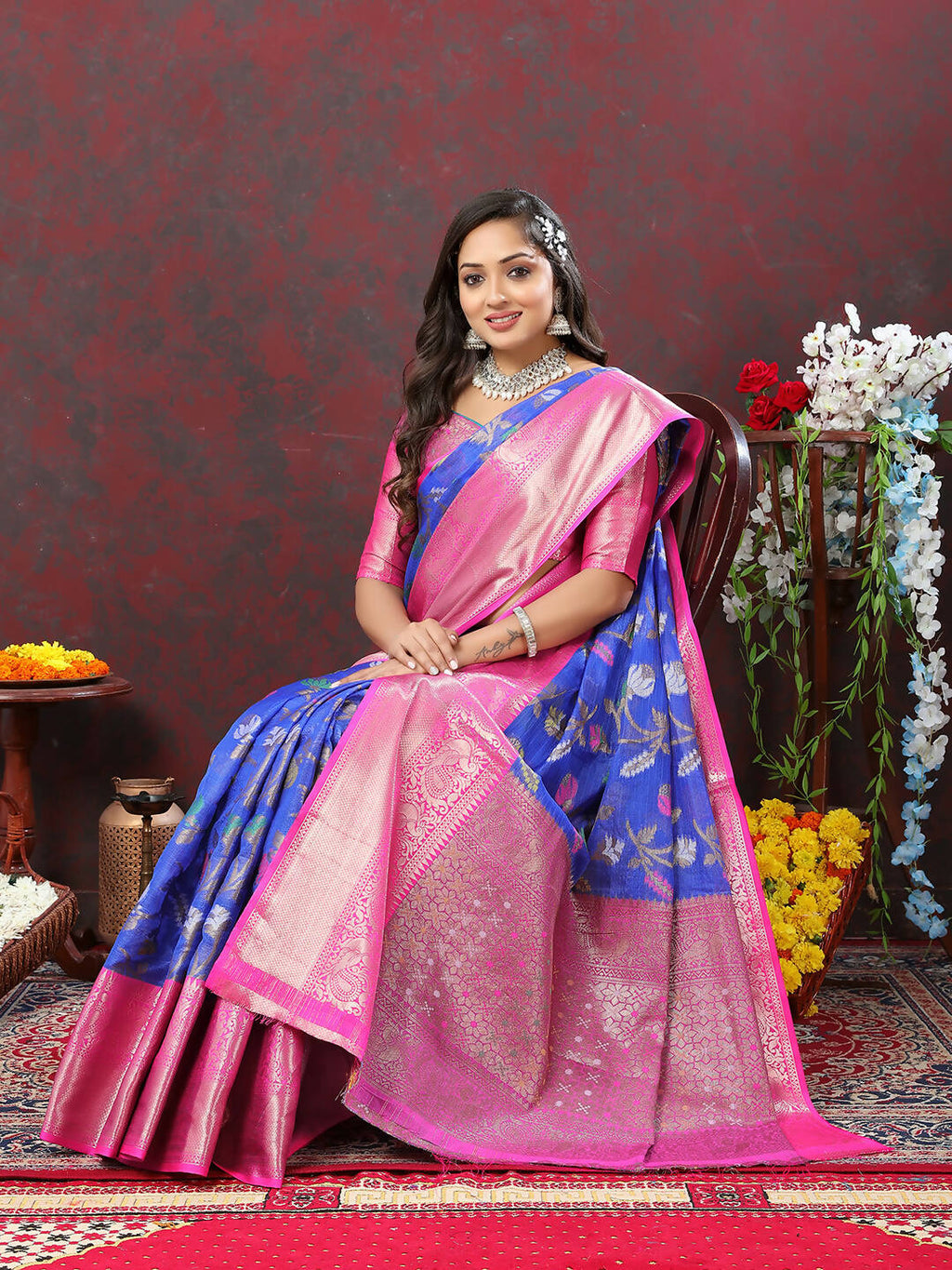 Blue cotton saree with traditional zari meenakari weaving patterns
