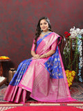 Blue cotton saree with traditional zari meenakari weaving patterns