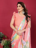 Woman wearing a Peach Moss Chiffon printed saree with a matching blouse.