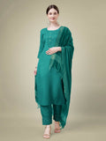 Teal cotton blend straight kurta featuring embroidery and sequence detailing with matching trouser and dupatta.