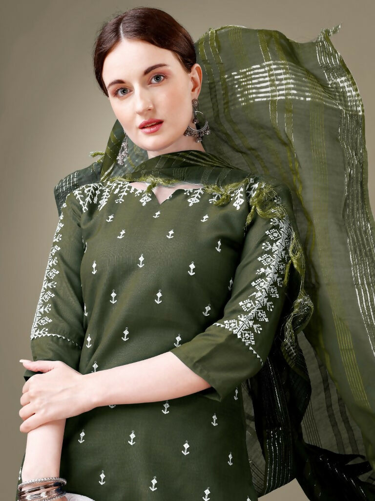 Women's Dark Green Cotton Blend Straight Kurta Set with Dupatta