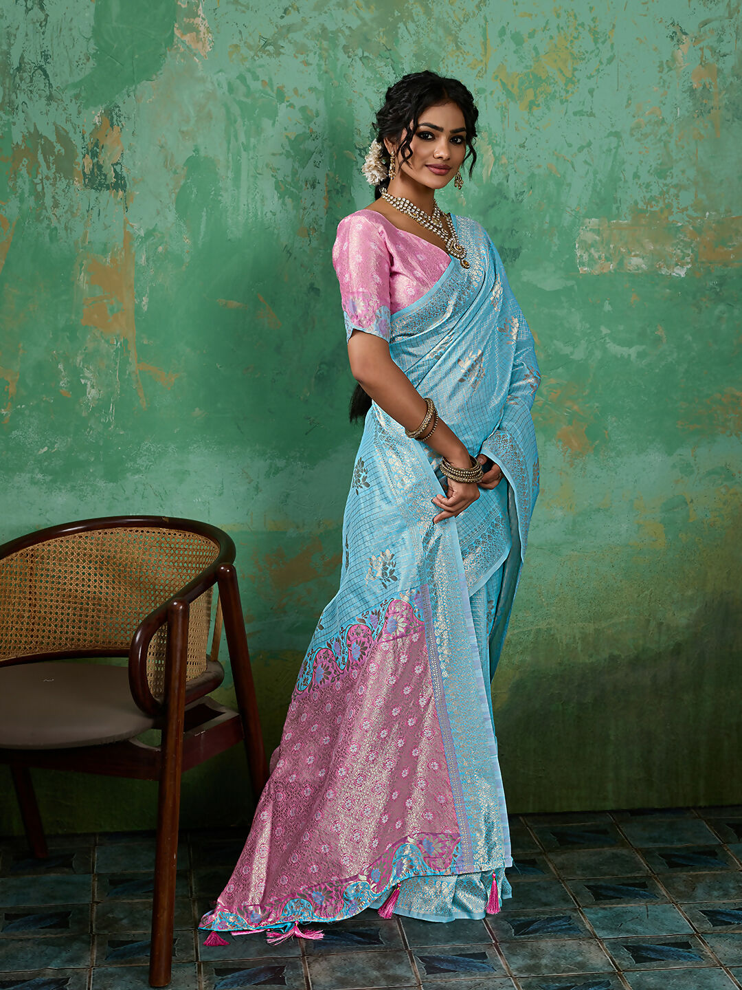 Sky Blue Linen Cotton Saree with Matching Blouse