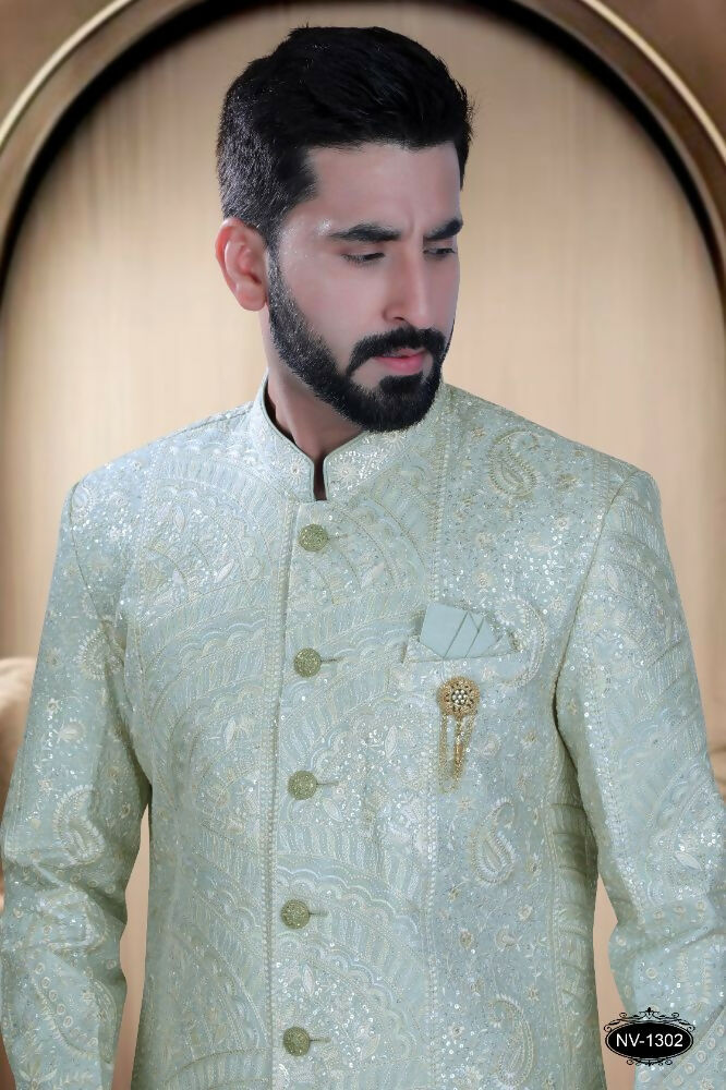 Boys Green Base Silk Kurta with Embroidered Pyjama Set