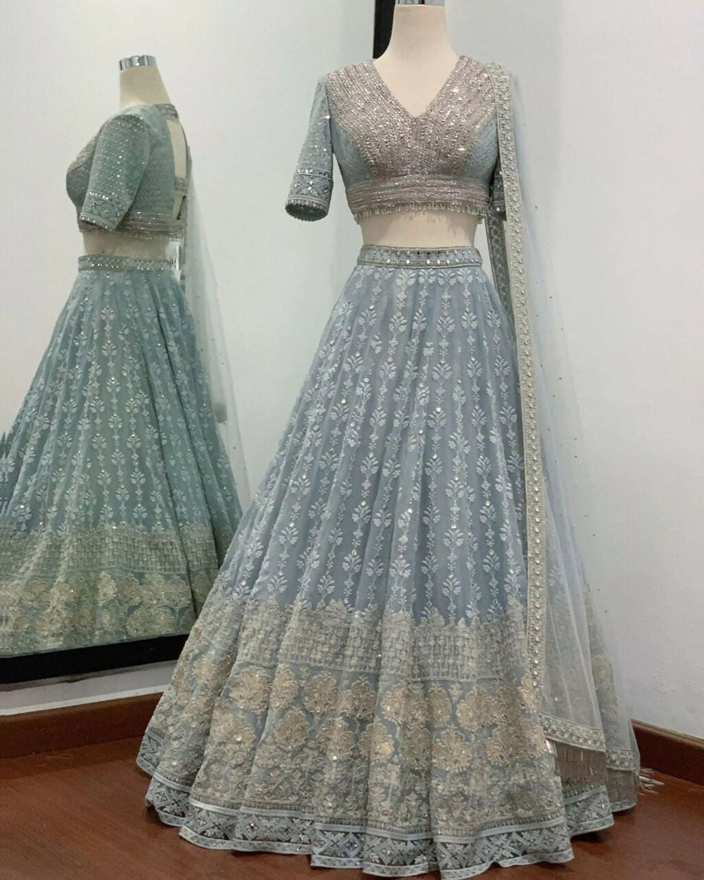 Grey Georgette 3MM Sequins and Zari Embroidered Lehenga Choli