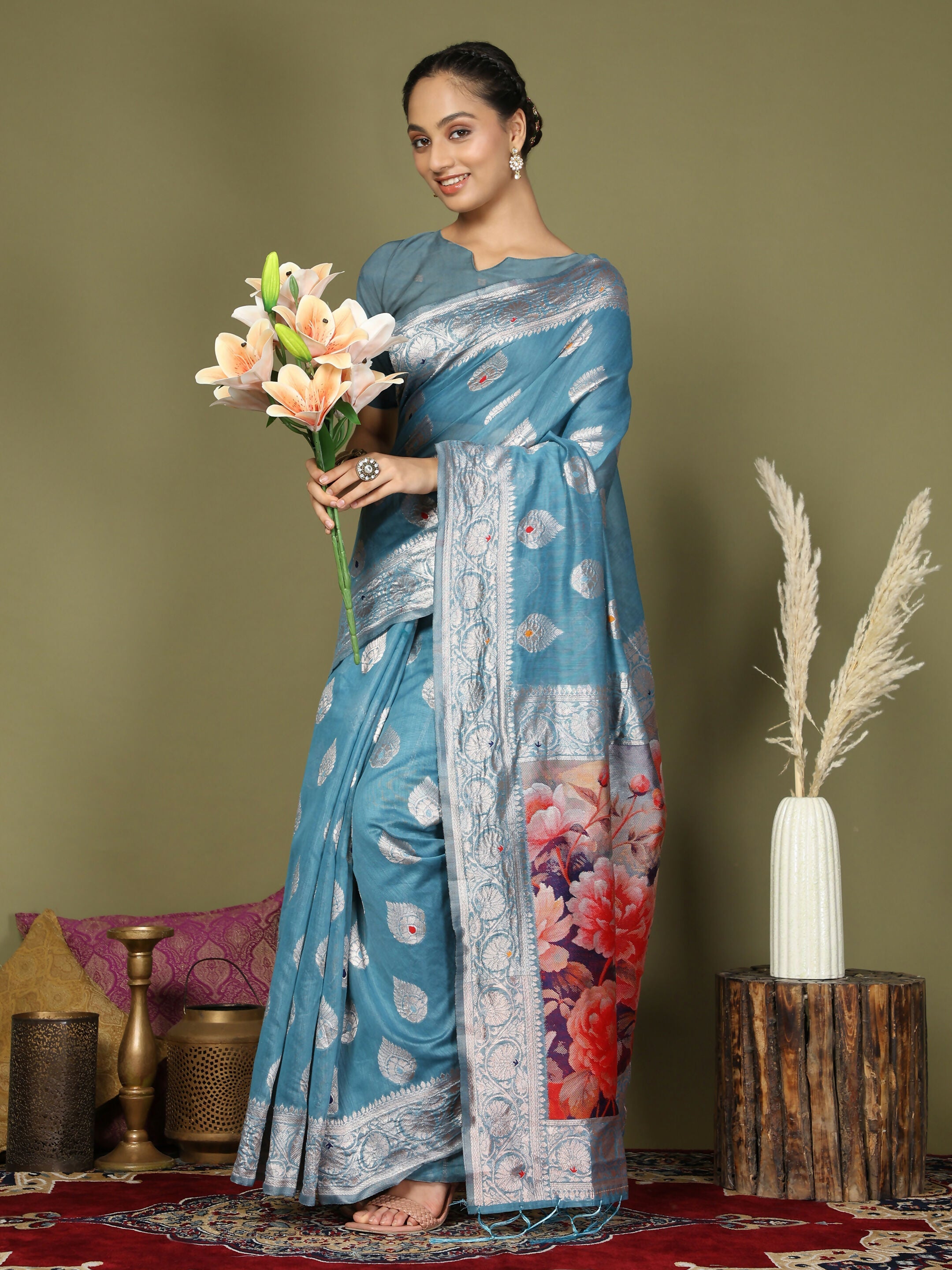 Sky Blue Linen Cotton Saree with Matching Blouse