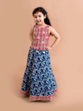 A stylish girls' lehenga choli set with a multi-color cotton top and a blue skirt.