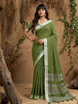 Beautiful green linen cotton saree with matching blouse piece