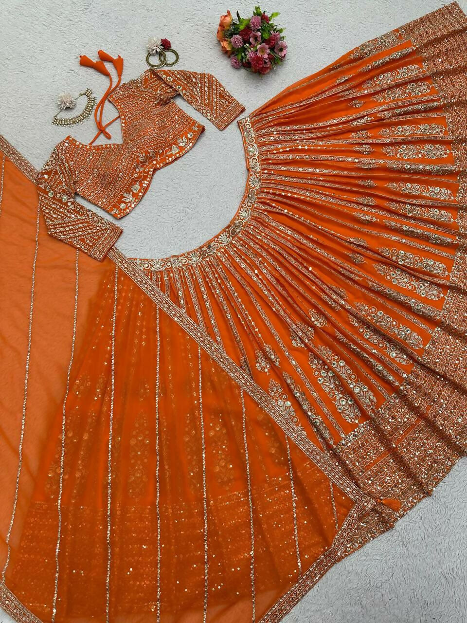 Orange Faux Georgette Lehenga Choli with Sequins and Thread Work