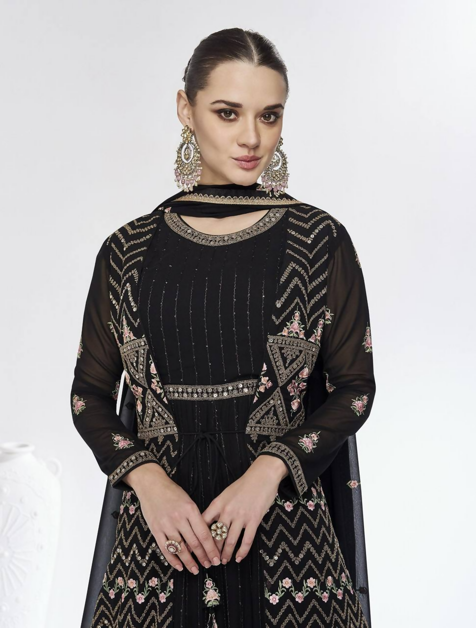 Black Faux Georgette Embroidery Gown with Matching Jacket Set