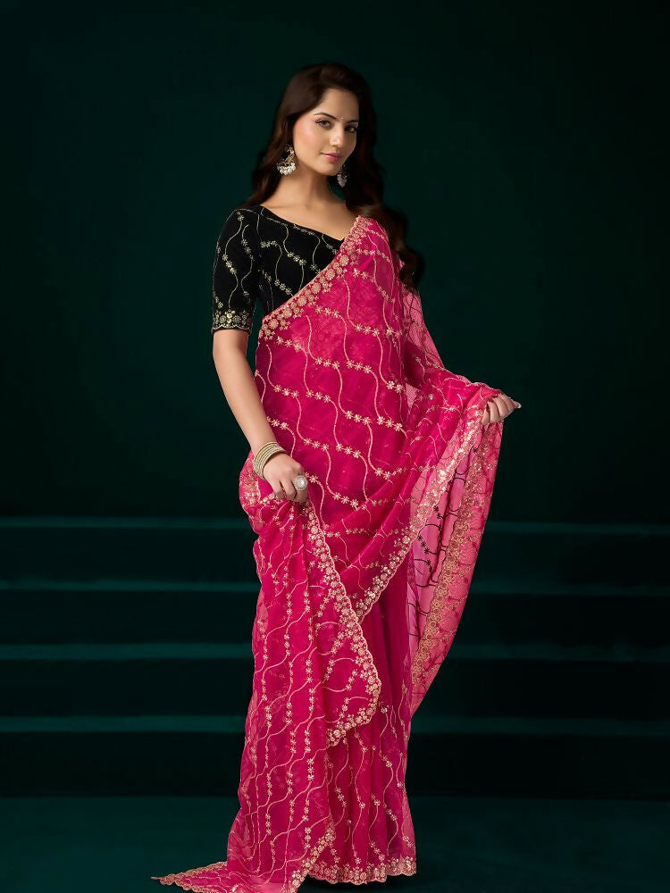 Rani Pink Net Party Saree with Black Velvet Blouse