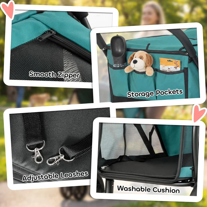 3 Wheel Pet Stroller with Easy One-Click Quick Fold, Mesh Window, Washable Cushion, for Medium Dogs