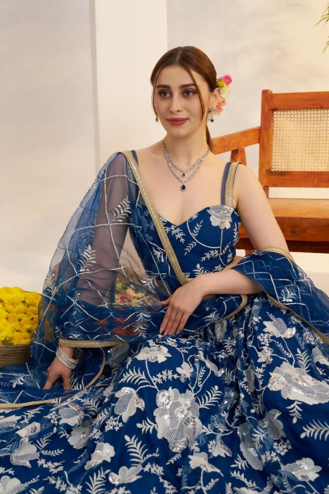 Peach Blue Butterfly Net Lehenga with White Thread & Sequence Work