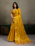 Mustard yellow tissue silk saree with elegant metallic sheen