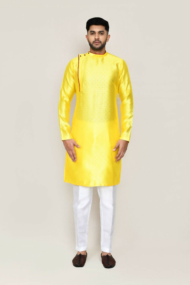 Yellow Jacquard Silk Kurta and Straight Fit Pant Set