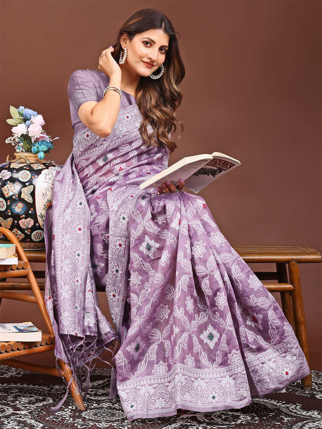 Purple Linen Cotton Saree with Matching Blouse Piece