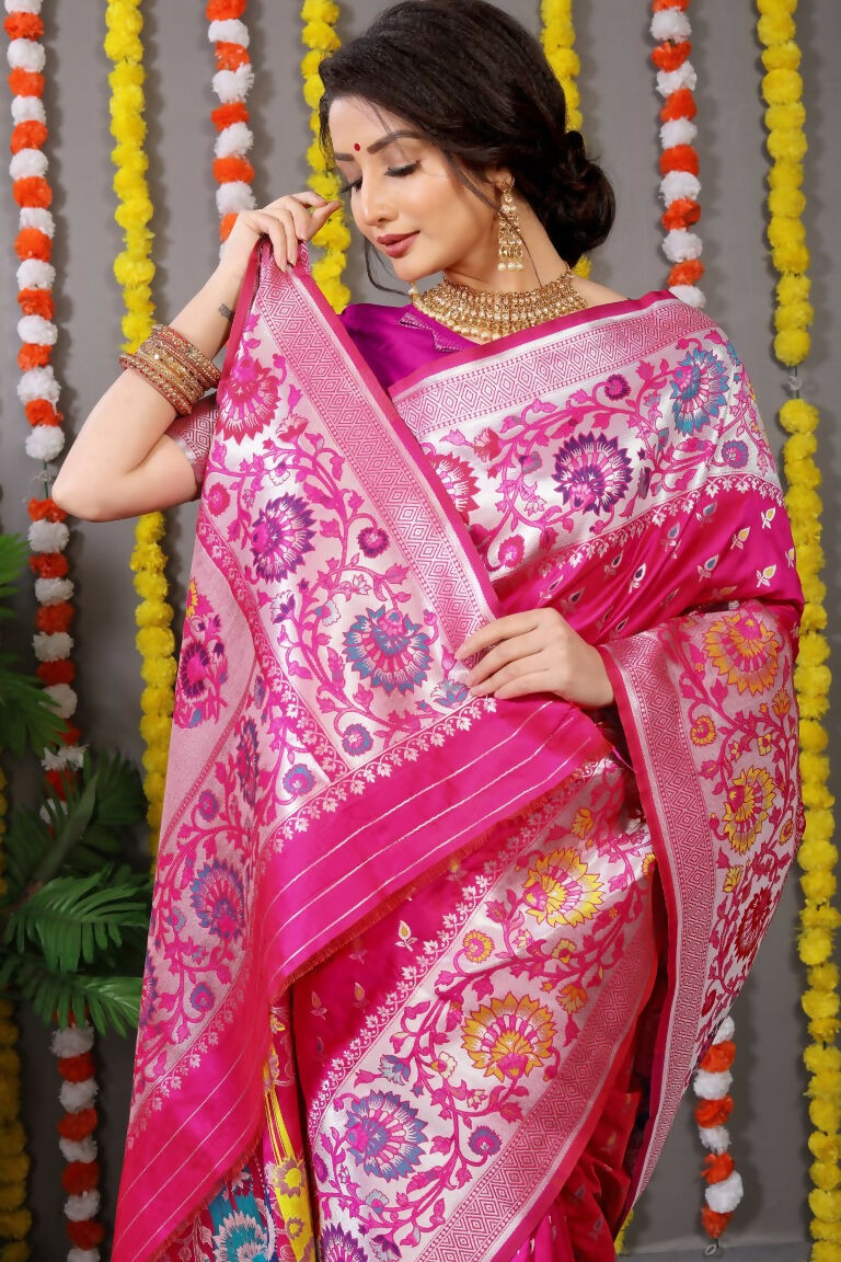 Rani Pink Banarasi Silk Zari Woven Saree with Matching Blouse